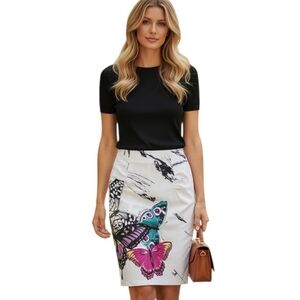 Bisou Bisou White Pencil Skirt with Multicolor Butterfly Print